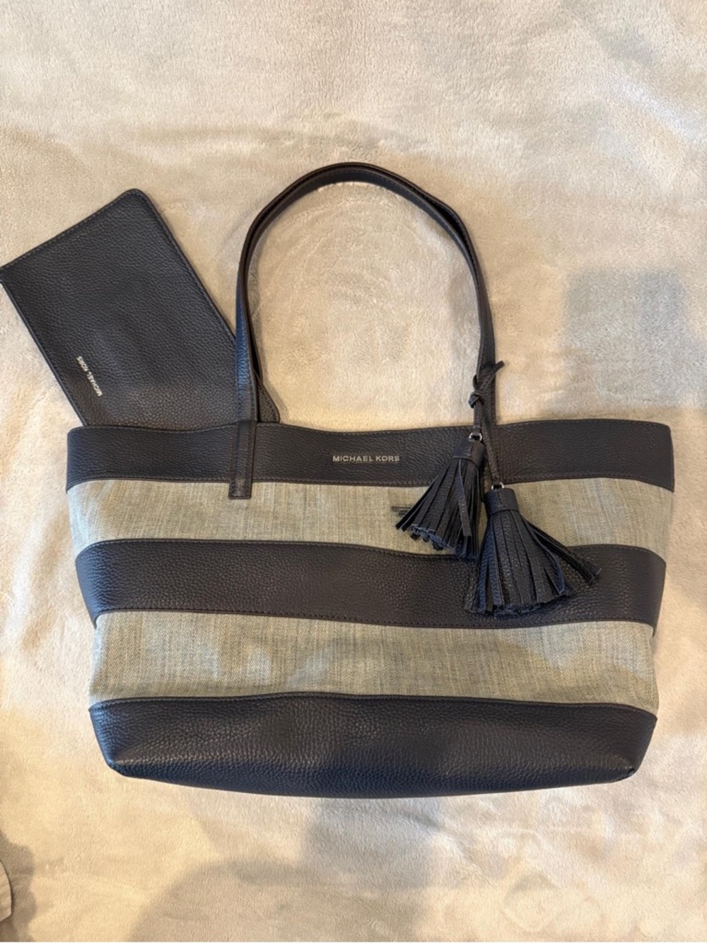 Michael Kors Navy  blue and light denim Striped Tote with Tassel Charm